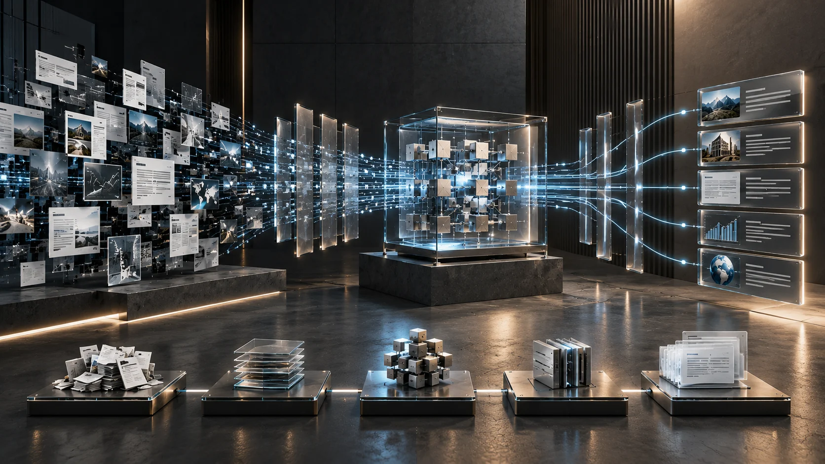 Public content and evidence flow through entity and source layers to AI-assisted buyer answers.